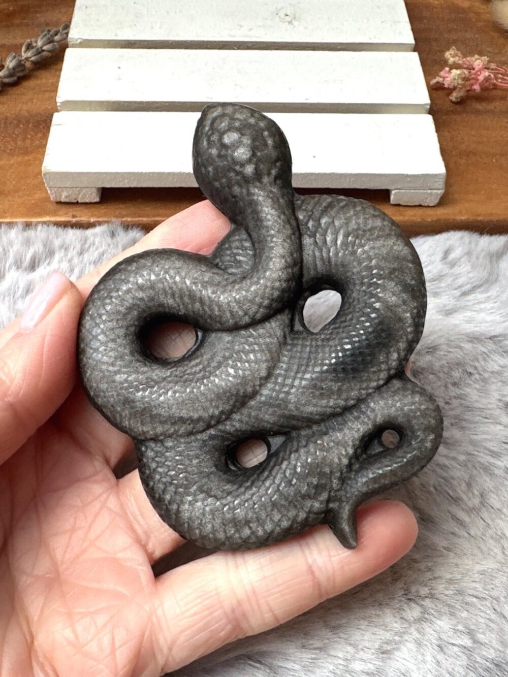 Beautiful Silver Sheen Obsidian Snake Carving